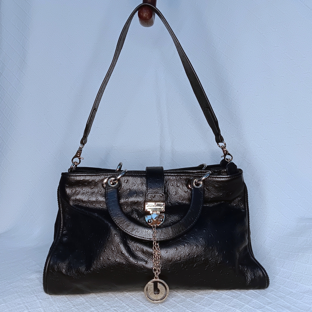 Charles Jourdan Women's Shoulder Satchel Bag Ostrich Leather Textured Black